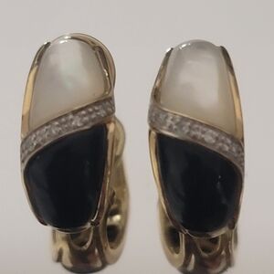 14k solid yellow and white gold with diamonds, onyx and pearl omega earrings.